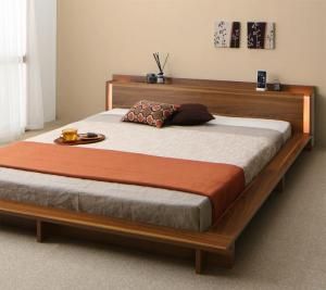 モダンライト・棚・コンセント付きデザインフロアローベッド プレミアムポケットコイルマットレス付き シングル