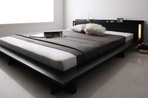 モダンライト・棚・コンセント付きデザインフロアローベッド プレミアムポケットコイルマットレス付き シングル