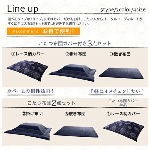 スーパSALE10倍＆4時間限定10％OFF こたつ布団セット お得なセットが選べるザブザブ洗えるレース柄カバー＆防ダニこたつ布団 こたつ布団3点セット(掛・敷布団＋カバー) 4尺長方形(80×120cm)天板対応