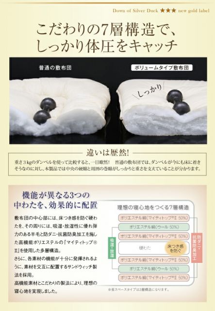 スーパSALE10倍＆4時間限定10％OFF 極厚布団 日本製ダックダウンニューゴールドラベル羽毛布団8点セット プレミアム敷布団タイプ 硬わた入り極厚ボリュームタイプ シングル8点セット