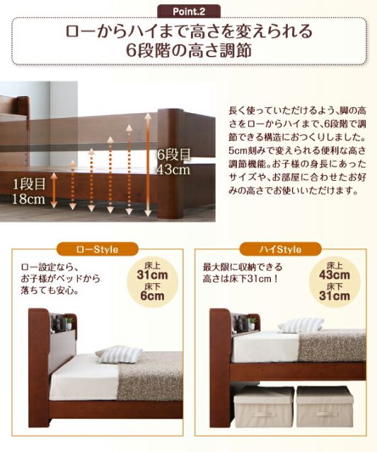 スーパSALE10倍＆4時間限定10％OFF 家族の成長に合わせて高さ調節できる頑丈すのこファミリーベッド スタンダードボンネルコイルマットレス付き ワイドK220