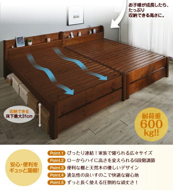 スーパSALE10倍＆4時間限定10％OFF 家族の成長に合わせて高さ調節できる頑丈すのこファミリーベッド 薄型軽量ポケットコイルマットレス付き ワイドK280