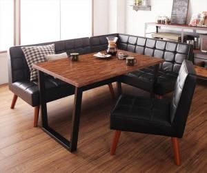 スーパSALE10倍＆4時間限定10％OFF ダイニングセット（テーブル&ソファ チェア） 古木風 ヴィンテージ カフェスタイル リビングダイニング 4人 4点セット(テーブル+ソファ1脚+アームソファ1脚+チェア1脚) 右アーム W120