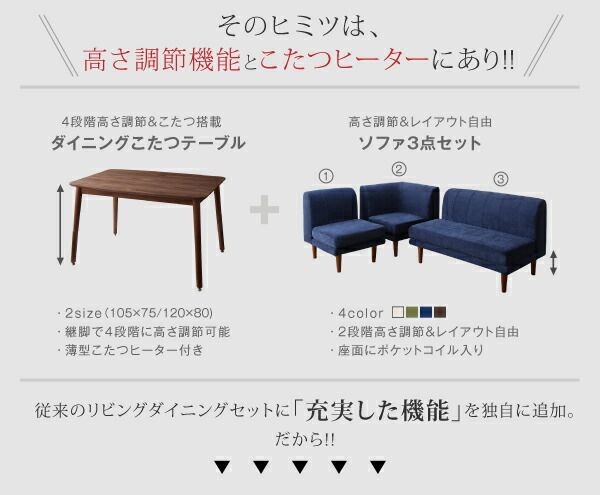 スーパSALE10倍＆4時間限定10％OFF ダイニングテーブルセット ダイニング リビング テーブル ソファ セット 洗える こたつ ヒーター 高さ調節 4人 5点セット(テーブル+2Pソファ1脚+1Pソファ2脚+コーナーソファ1脚) W120