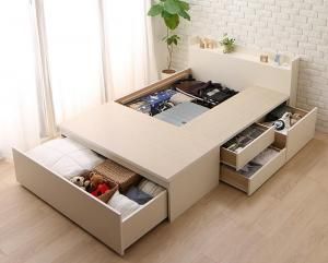 スーパSALE10倍＆4時間限定10％OFF お客様組立 国産 ワイド深型引き出しチェストベッド 棚・コンセント付 ベッドフレームのみ セミダブル