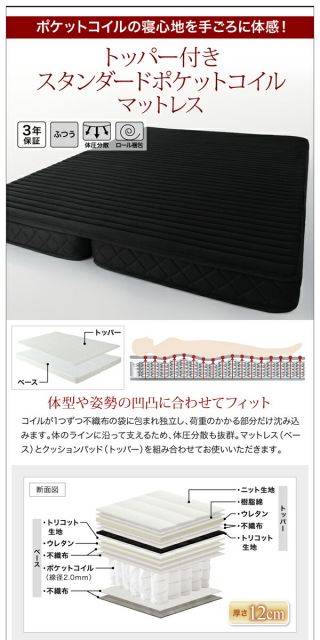 スーパSALE10倍＆4時間限定10％OFF 北欧ヴィンテージ 棚・コンセント付き収納ベッド トッパー付きスタンダードポケットコイルマットレス付き ダブル