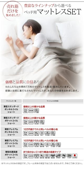 小さな部屋に合うショート丈収納ベッド 薄型スタンダードポケットコイルマットレス付き シングル ショート丈 深さグランド