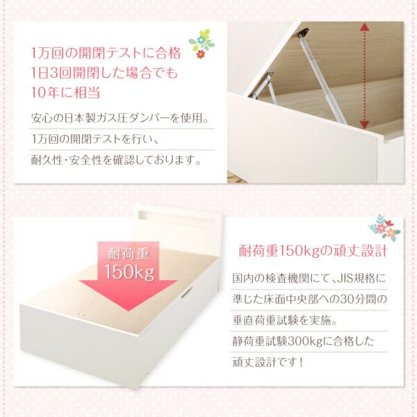 小さな部屋に合うショート丈収納ベッド 薄型プレミアムボンネルコイルマットレス付き セミシングル ショート丈 深さラージ