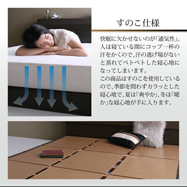 スーパSALE10倍＆4時間限定10％OFF 棚・コンセント付きレザーすのこベッド ラテックス入り国産ポケットコイルマットレス付き セミダブル