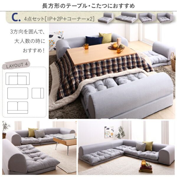 スーパSALE10倍＆4時間限定10％OFF セット フロアコーナーソファ ソファ フロアソファ こたつ こたつソファ コーナー コーナーソファ 床生活 ローソファ 布 ファブリック グレー ネイビー ソファ3点セット 1P+2P+コーナー