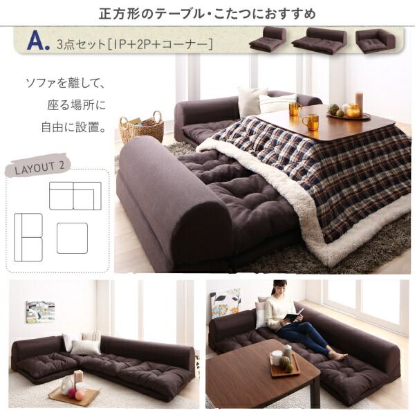 スーパSALE10倍＆4時間限定10％OFF セット フロアコーナーソファ ソファ フロアソファ こたつ こたつソファ コーナー コーナーソファ 床生活 ローソファ 布 ファブリック グレー ネイビー ソファ4点セット 1P+2P+コーナー×2