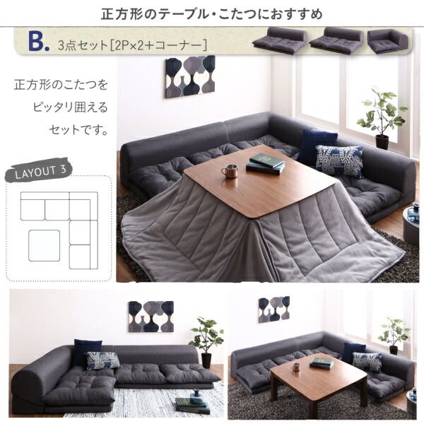 スーパSALE10倍＆4時間限定10％OFF セット フロアコーナーソファ ソファ フロアソファ こたつ こたつソファ コーナー コーナーソファ 床生活 ローソファ 布 ファブリック グレー ネイビー ソファ4点セット 1P+2P+コーナー×2