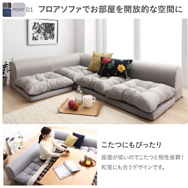 スーパSALE10倍＆4時間限定10％OFF セット フロアコーナーソファ ソファ フロアソファ こたつ こたつソファ コーナー コーナーソファ 床生活 ローソファ 布 ファブリック グレー ネイビー ソファ4点セット 1P+2P+コーナー×2