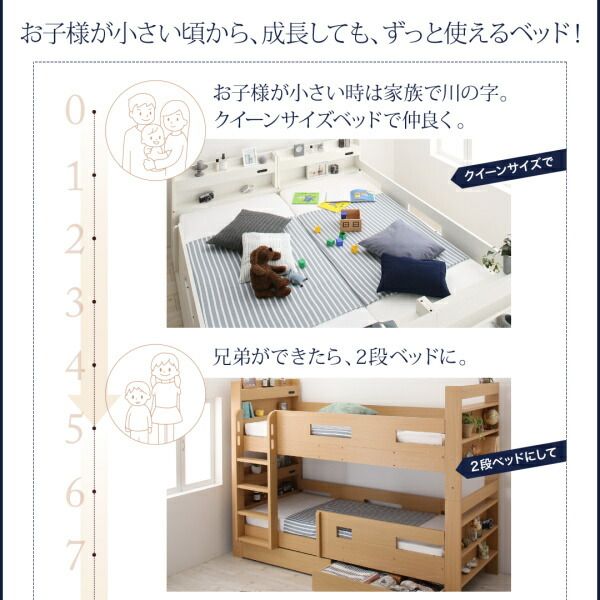 スーパSALE10倍＆4時間限定10％OFF クイーンサイズベッドにもなるスリム2段ベッド 薄型抗菌国産ポケットコイル マットレス付き スタンダード クイーン