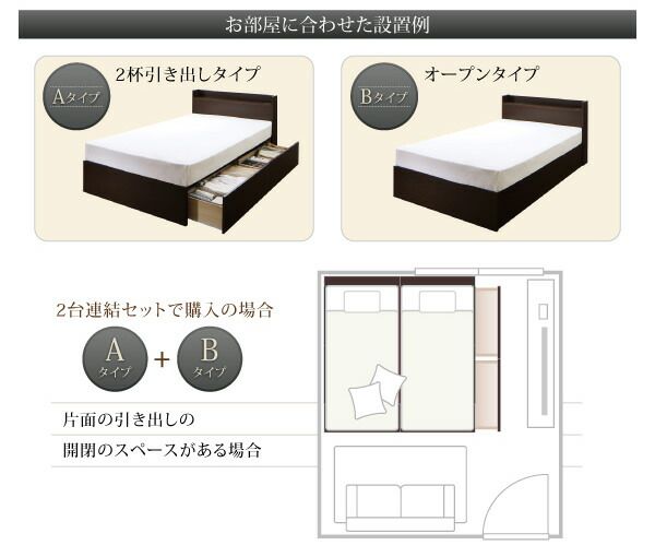 スーパSALE10倍＆4時間限定10％OFF お客様組立 連結 棚・コンセント付収納ベッド スタンダードポケットコイルマットレス付き Aタイプ セミダブル