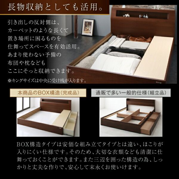 スーパSALE10倍＆4時間限定10％OFF 高級ウォルナット材ワイドサイズ収納ベッド  プレミアム国産ハードポケットコイルマットレス付き スリムタイプ キング レギュラー丈
