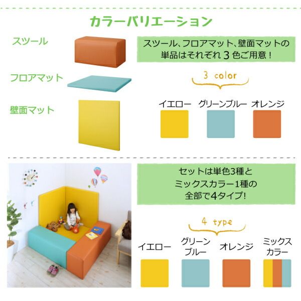 スーパSALE10倍＆4時間限定10％OFF プレイマット タイルカーペット 法人様必見。子供に安全安心のコーナー型キッズプレイマット 5点セット フロアマット1枚+スツール2枚+壁面マット2枚 125×125