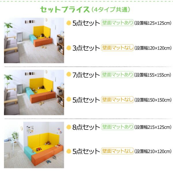 スーパSALE10倍＆4時間限定10％OFF プレイマット タイルカーペット 法人様必見。子供に安全安心のコーナー型キッズプレイマット 5点セット フロアマット1枚+スツール2枚+壁面マット2枚 125×125