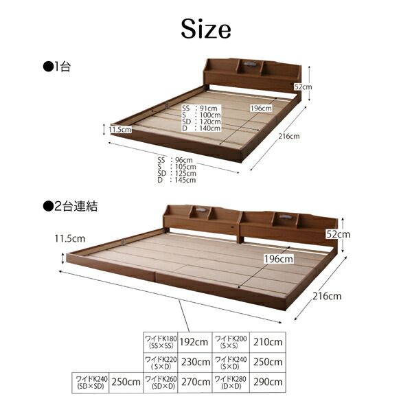 スーパSALE10倍＆4時間限定10％OFF 親子で寝られる収納棚・照明付き連結ベッド ベッドフレームのみ ワイドK280