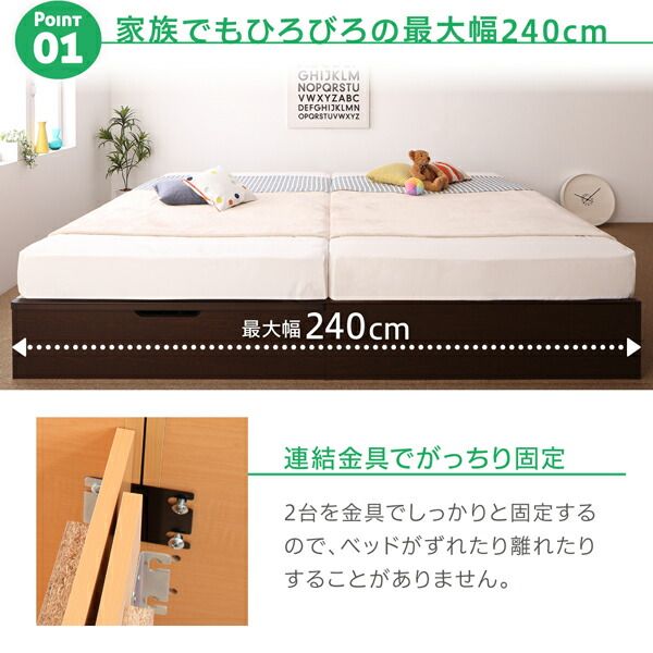 スーパSALE10倍＆4時間限定10％OFF お客様組立 コンパクトに壁付けできる国産ファミリー収納連結ベッド スタンダードボンネルコイルマットレス付き A(S)+B(SD)タイプ ワイドK220