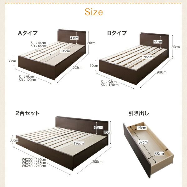 スーパSALE10倍＆4時間限定10％OFF お客様組立 壁付けできる国産ファミリー連結収納ベッド ベッドフレームのみ A+Bタイプ ワイドK240(SD×2)