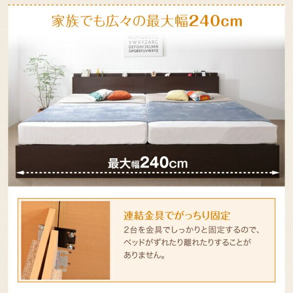 スーパSALE10倍＆4時間限定10％OFF お客様組立 壁付けできる国産ファミリー連結収納ベッド ベッドフレームのみ A(S)+B(SD)タイプ ワイドK220