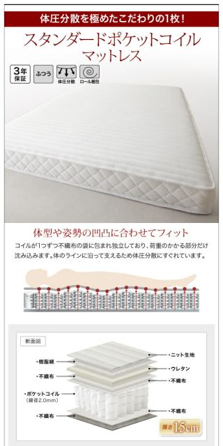 スーパSALE10倍＆4時間限定10％OFF お客様組立 壁付けできる国産ファミリー連結収納ベッド スタンダードポケットコイルマットレス付き Bタイプ セミダブル