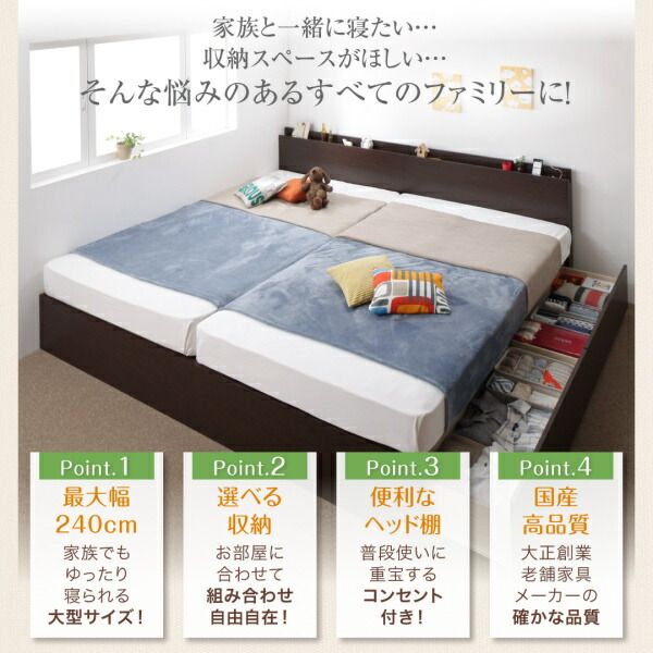スーパSALE10倍＆4時間限定10％OFF お客様組立 壁付けできる国産ファミリー連結収納ベッド スタンダードポケットコイルマットレス付き B(S)+A(SD)タイプ ワイドK220