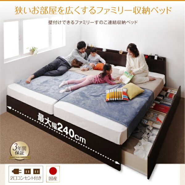 スーパSALE10倍＆4時間限定10％OFF お客様組立 壁付けできる国産ファミリー連結収納ベッド 羊毛入りゼルトスプリングマットレス付き Aタイプ シングル