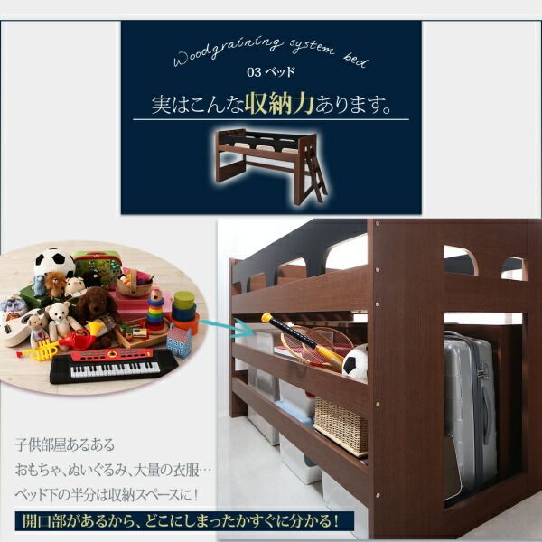 ロフトシステムベッド 分割使用可能 宮付き システムベッド ベッド デスク ブックシェルフ デスクベッド おしゃれ 木製 子供 大人用 子供部屋 お客様組立 子供がすくすく育つ ランドセルラック付木目調システムベッド ベッドフレームのみ シングル