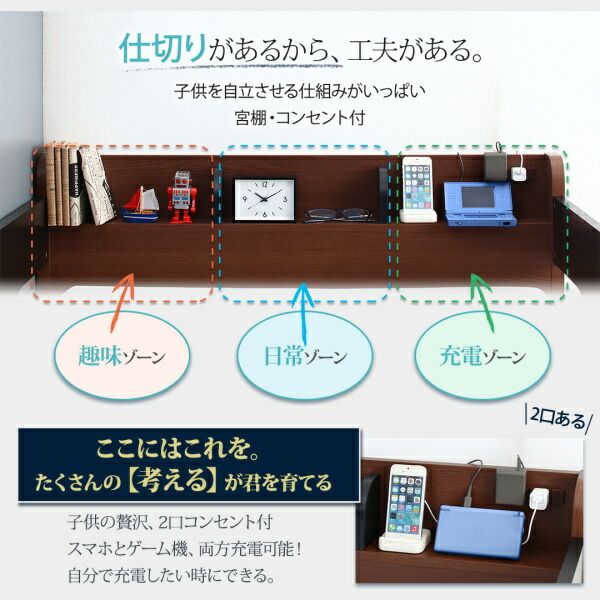 ロフトシステムベッド 分割使用可能 宮付き システムベッド ベッド デスク ブックシェルフ デスクベッド おしゃれ 木製 子供 大人用 子供部屋 お客様組立 子供がすくすく育つ ランドセルラック付木目調システムベッド ベッドフレームのみ シングル