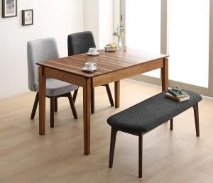 スーパSALE10倍＆4時間限定10％OFF 回転イス付き ウォールナット3段階伸縮ダイニングセット 4人 4点セット(テーブル+チェア2脚+ベンチ1脚) W120-180