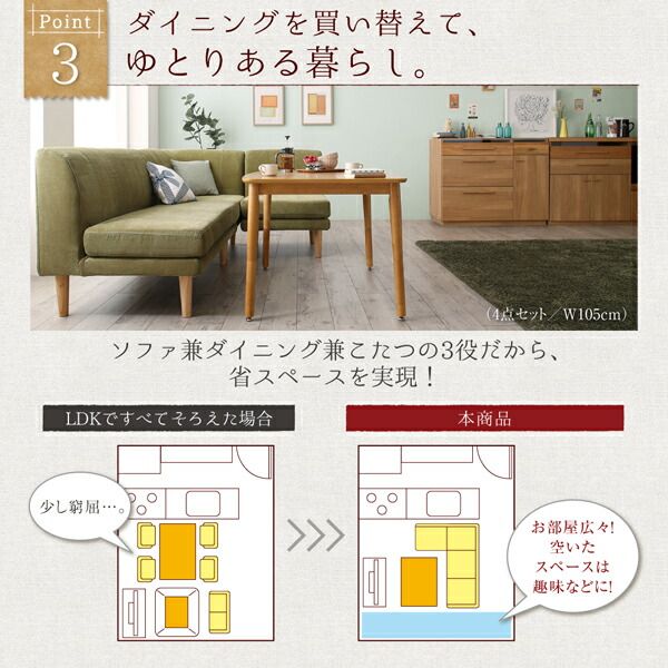 スーパSALE10倍＆4時間限定10％OFF 年中快適 こたつもソファも高さ調節 リビングダイニングセット 3人 4点セット(テーブル+2Pソファ1脚+1Pソファ1脚+コーナーソファ1脚) W120