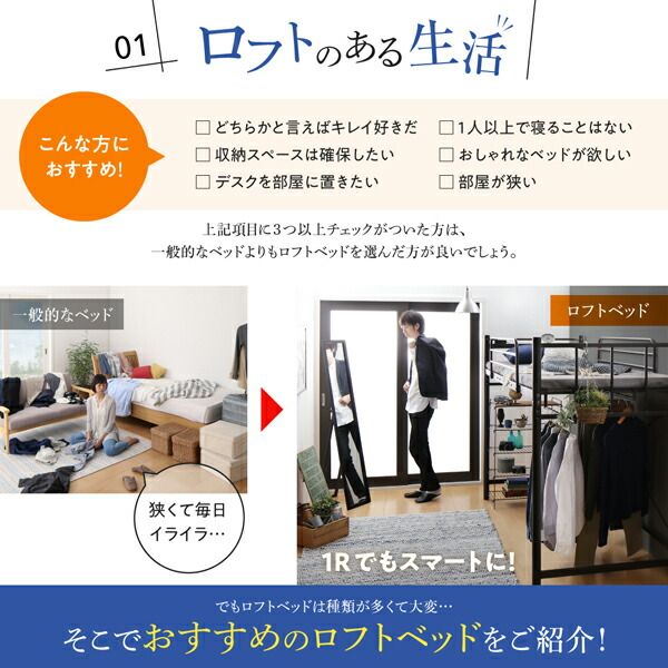 スーパSALE10倍＆4時間限定10％OFF 狭い部屋におすすめ　おしゃれな選べるロフトベッドシリーズ 固綿マットレス付き カーテン・ハンガーポール付タイプ シングル