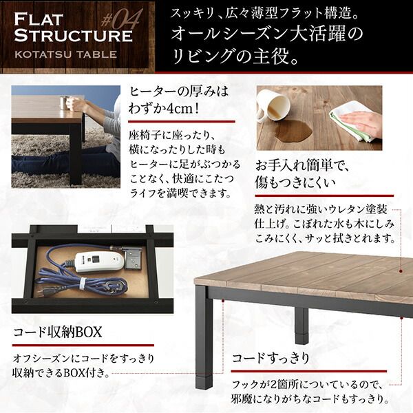 スーパSALE10倍＆4時間限定10％OFF こたつ布団セット 古木風ヴィンテージデザインこたつ こたつ3点セット(テーブル＋掛・敷布団) 4尺長方形(80×120cm)