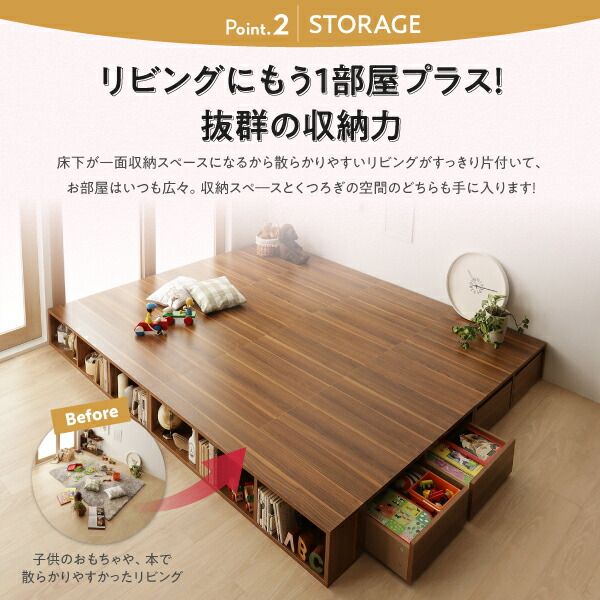 スーパSALE10倍＆4時間限定10％OFF お客様組立 シェルフ棚・引出収納付きベッドとしても使えるフローリング調デザイン小上がり ワイドK240(SD×2)