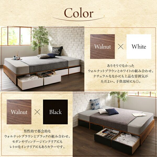 布団で寝られる おしゃれなヴィンテージ・モダン風 引き出し収納バイカラーベッド プレミアムボンネルコイルマットレス付き 引き出しなし セミダブル