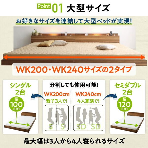 スーパSALE10倍＆4時間限定10％OFF MITAS寝具SELECT セットでお得 ライト・コンセント付大型連結フロアベッド スタンダードボンネルコイルマットレス付き マイクロファイバー ワイドK200