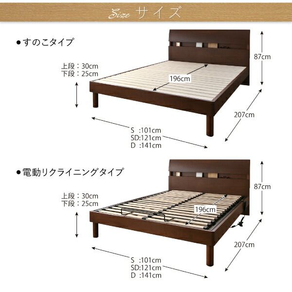 スーパSALE10倍＆4時間限定10％OFF 暮らしを快適にする棚コンセント付きデザインベッド ベッドフレームのみ すのこタイプ セミダブル