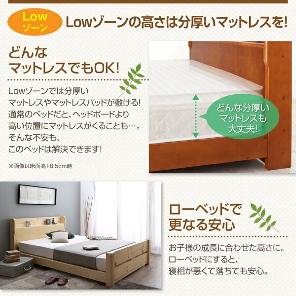 マラソン10倍中 耐荷重600kg 6段階高さ調節 コンセント付超頑丈天然木すのこベッド スタンダードポケットコイルマットレス付き ダブル