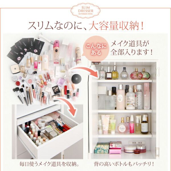 スーパSALE10倍＆4時間限定10％OFF ドレッサー 姿見 全身ミラー 収納 スツール セット 化粧台 スリム コンパクト 幅40 メイク 化粧品 コンセント コスメワゴン 白 ナチュラル すき間 収納 すき間ドレッサー スツールセット