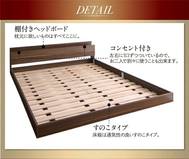 マラソン10倍中 ベッド ベット クイーン クイーンベッド フロアベッド マットレス ロングセラー 一枚もの  2人 3人 棚付き 棚 コンセント付き 北欧 快適 ゆったり すのこ スタンダードボンネルコイルマットレス付き クイーン(Q×1)