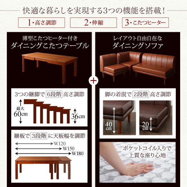 スーパSALE10倍＆4時間限定10％OFF ダイニングセット（テーブル&ソファ） 6段階高さ調節 伸縮式こたつ 大型ソファダイニング 3人 4点セット(テーブル+2Pソファ1脚+1Pソファ1脚+コーナーソファ1脚) W120-180