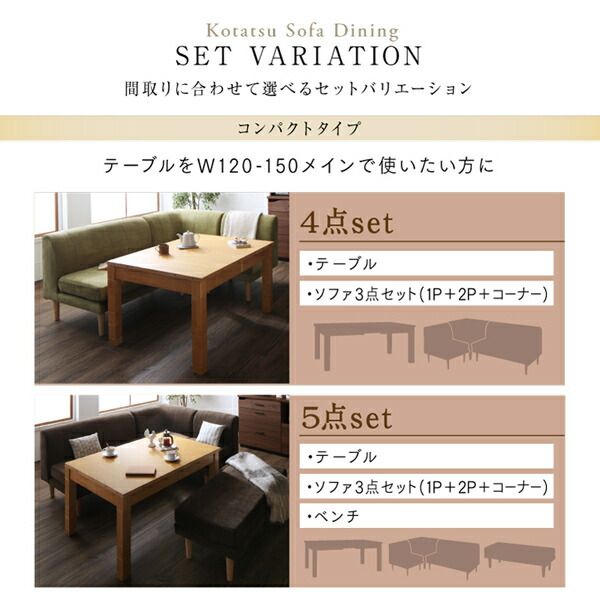 スーパSALE10倍＆4時間限定10％OFF 高さ調節可能 3段階伸長式 大型こたつソファダイニングシリーズ 4人 4点セット(テーブル+2Pソファ1脚+1Pソファ1脚+コーナーソファ1脚) W120-180