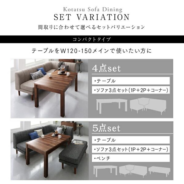 スーパSALE10倍＆4時間限定10％OFF ダイニングセット（テーブル&ソファ） 高さ調節可能 3段階伸長式 大型こたつソファダイニング 4点セット(テーブル+2Pソファ1脚+1Pソファ1脚+コーナーソファ1脚) W120-180