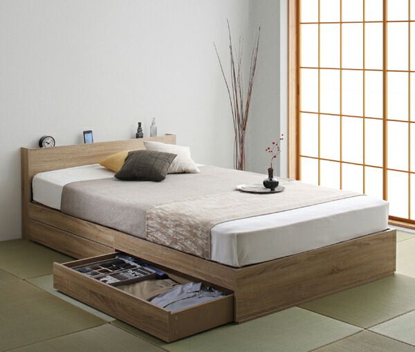 マラソン10倍中 棚 コンセント付き 引き出し 2杯 収納 ベッド スタンダードボンネルコイルマットレス付き ダブル