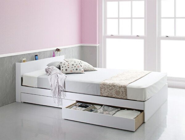 マラソン10倍中 棚 コンセント付き 引き出し 2杯 収納 ベッド スタンダードボンネルコイルマットレス付き ダブル