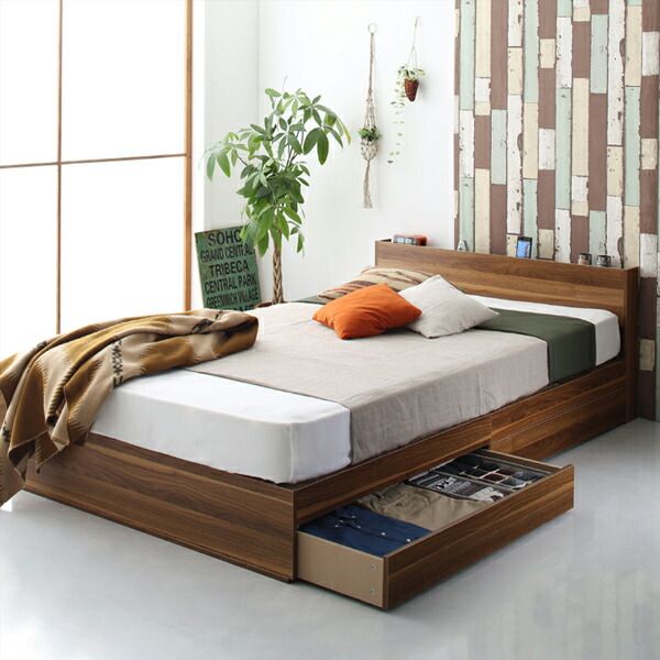 マラソン10倍中 棚 コンセント付き 引き出し 2杯 収納 ベッド スタンダードボンネルコイルマットレス付き ダブル