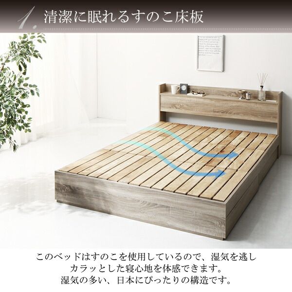 マラソン10倍中 清潔に眠れる棚・コンセント付きすのこ収納ベッド スタンダードボンネルコイルマットレス付き ダブル