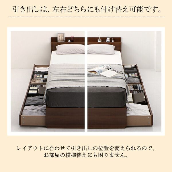 マラソン10倍中 清潔に眠れる棚・コンセント付きすのこ収納ベッド スタンダードポケットコイルマットレス付き セミダブル
